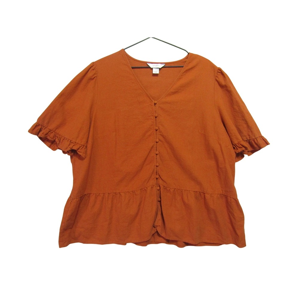cj banks Blouse Womens Burnt Orange Linen Blend Peplum Boho Short Breathable